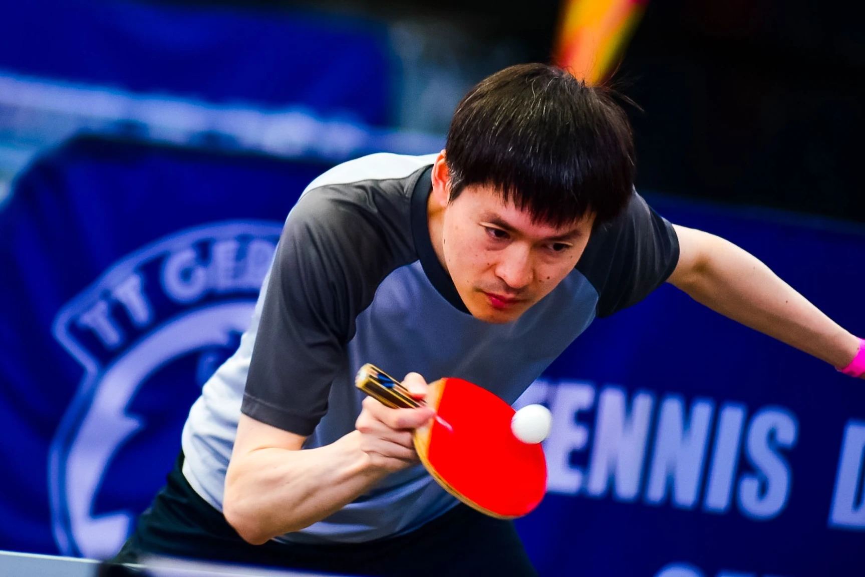 A person hits a ping-pong ball at a EuroGames tournament