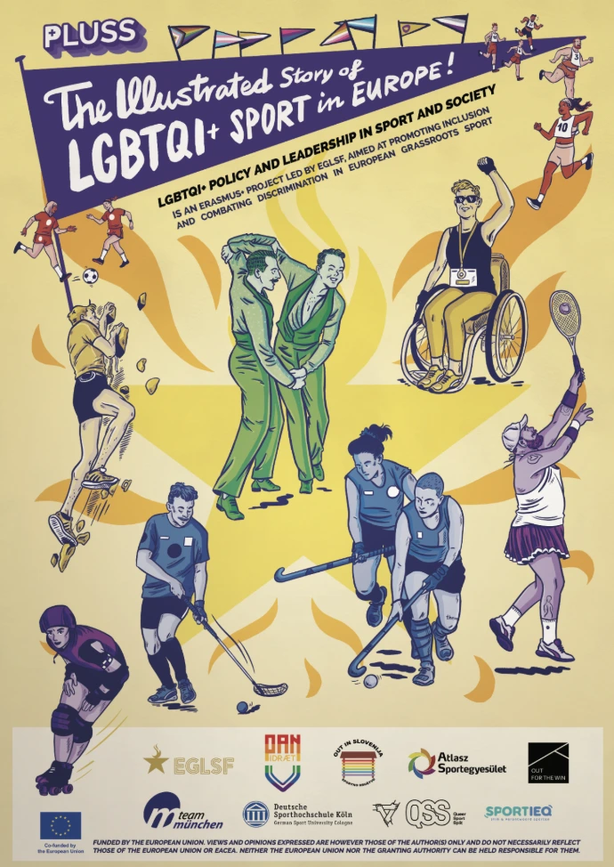 +PLUSS illustrated poster cover with people doing sports